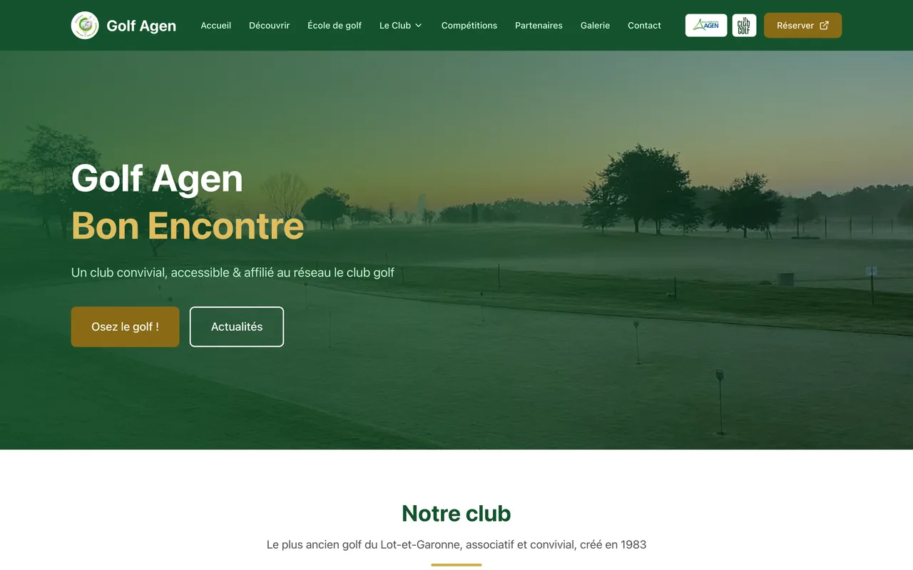 Page d'accueil du site Golf Agen Bon-Encontre sur ordinateur.