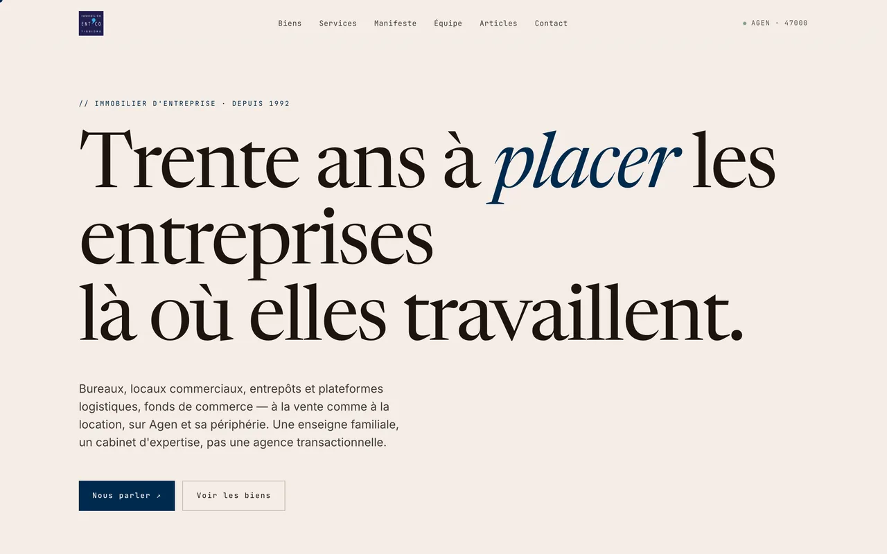 Page d'accueil du site Immobilier Tissidre Ent'co sur ordinateur.
